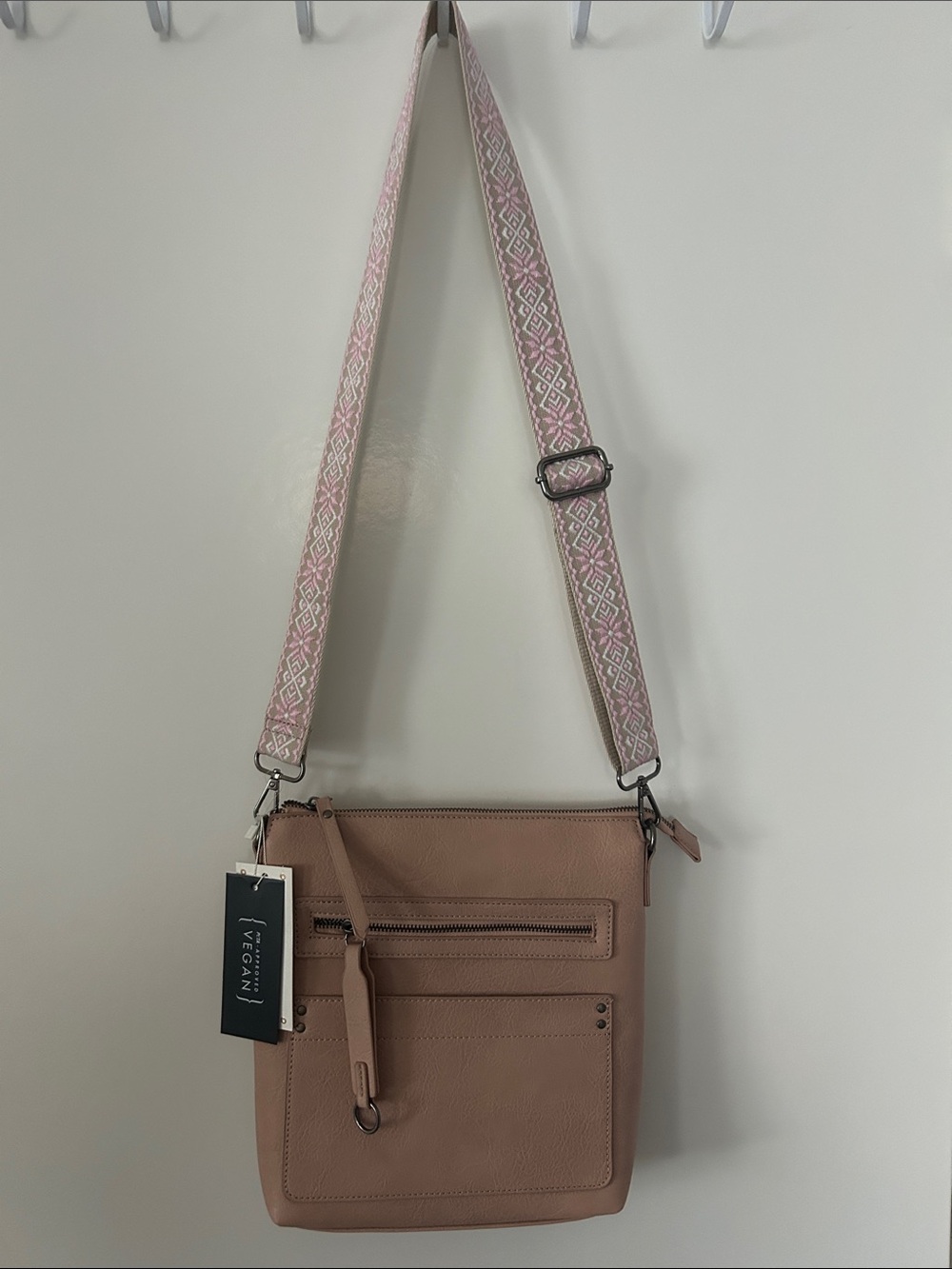 Vegan Crossbody Bag in Dusty Rose with Patterned Strap
